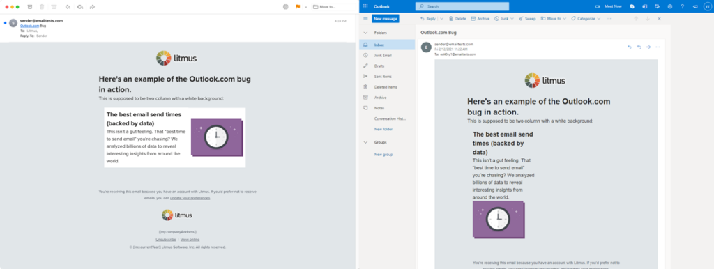 Outlook.com email body div bug comparison