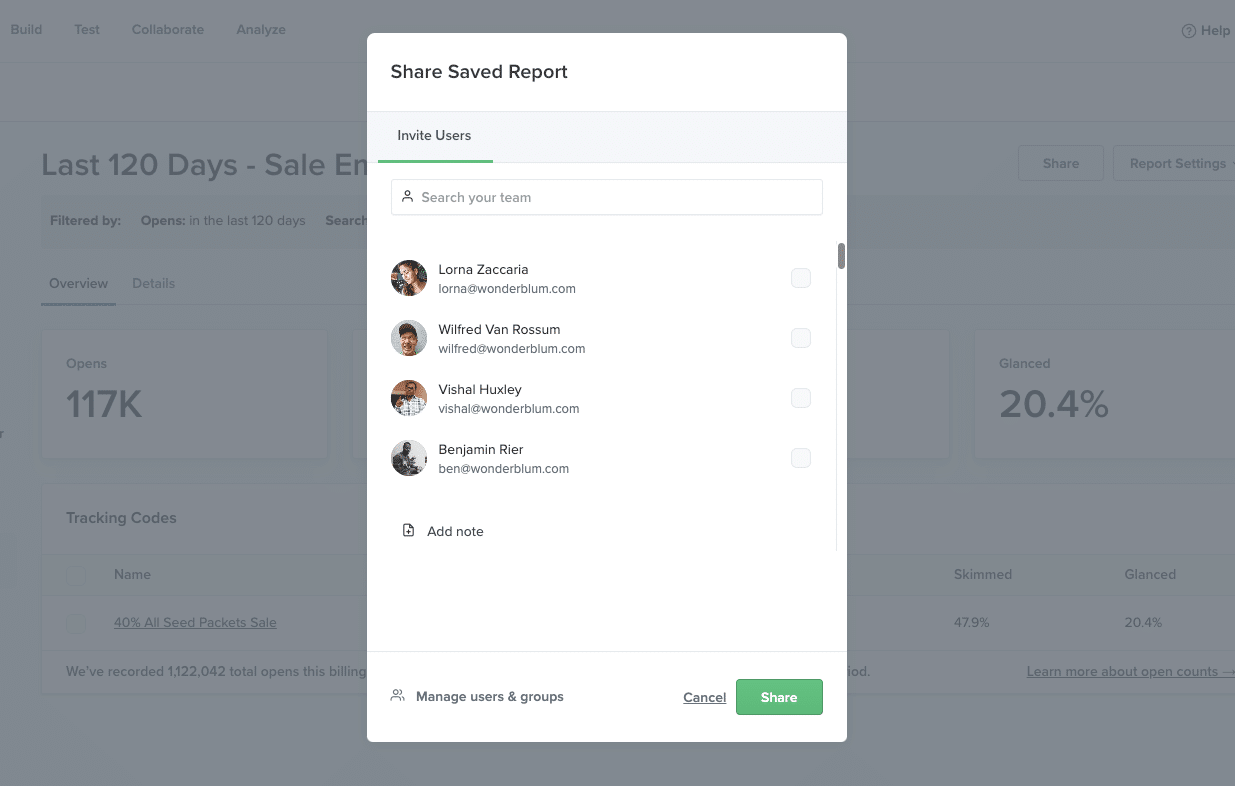 Share custom reports with your team to boost visibility of key insights.